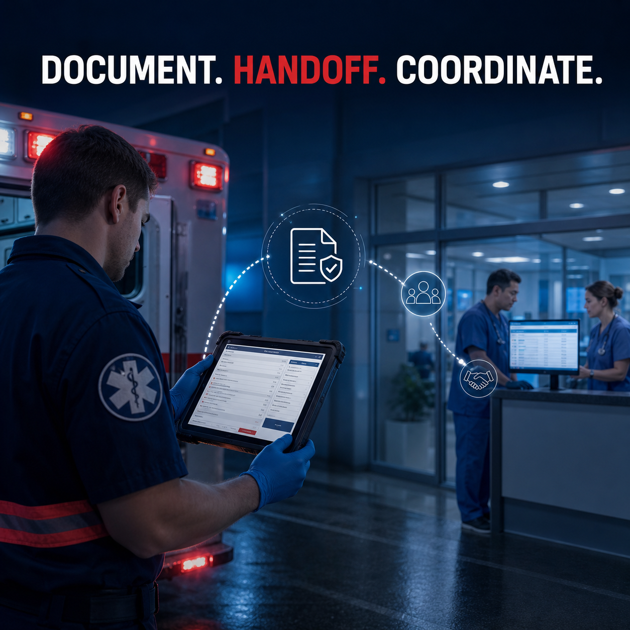 Ambulance clinician documenting patient care while a receiving hospital coordinates the handoff