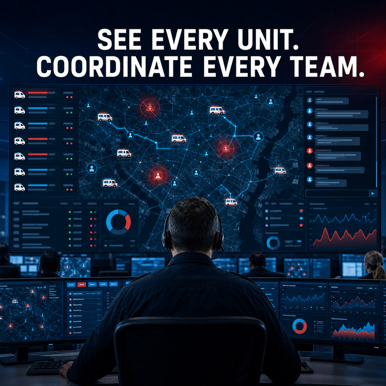 Command team coordinating ambulance resources and TAK-enabled field users on a shared operational map